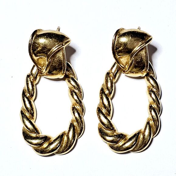Vintage Dangle Post Earrings Twisted Texture Hoop Gold Tone 1.5" EUC! - Picture 6 of 7
